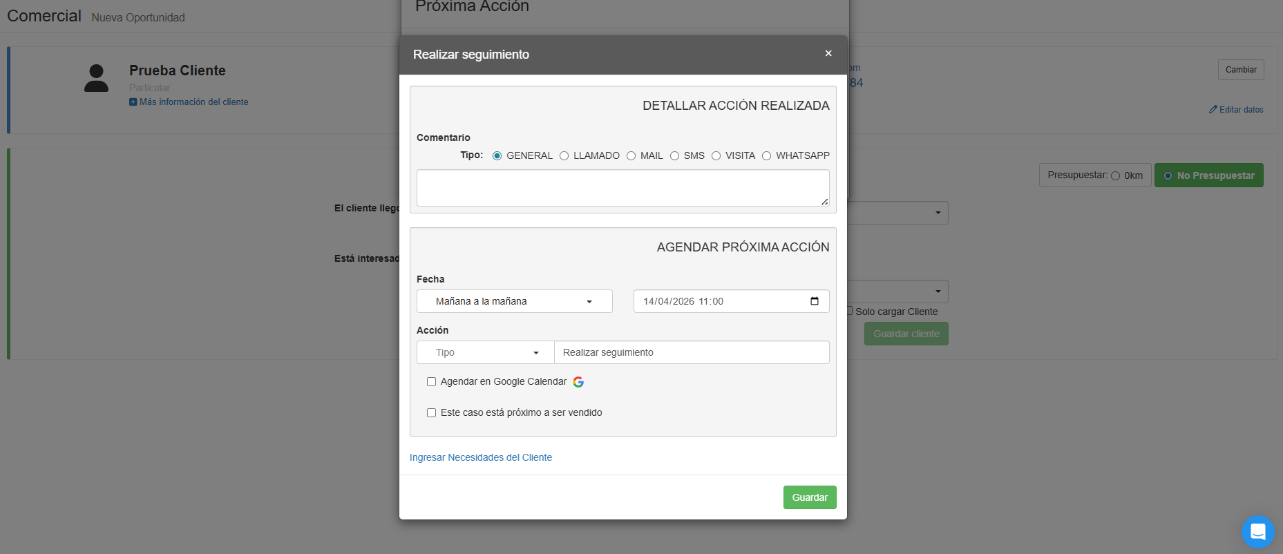 Pantalla para registrar y agendar seguimiento en Tecnom Nubux